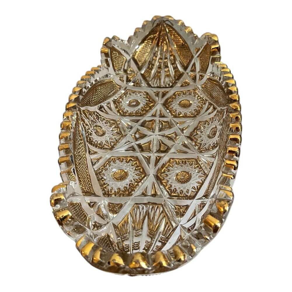 Vintage Clear & Gold Pressed Glass Oval Dish With Intricate Starburst & Geometri